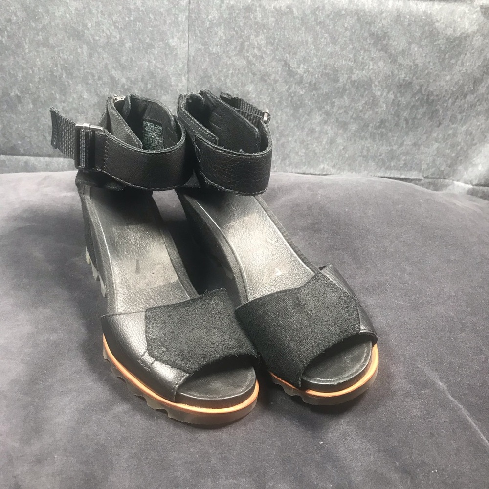 Sorel Black Open-Toe Ankle-Strap Platform Sandals Zipper Back Joanie II